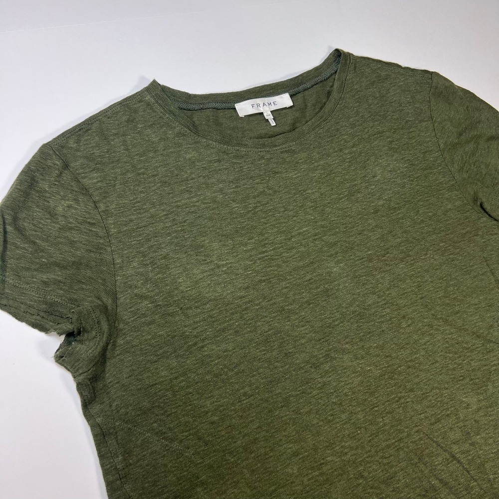 Frame Easy True Organic Linen T-Shirt Women Size Small Olive Green Unhemmed - Picture 9 of 10